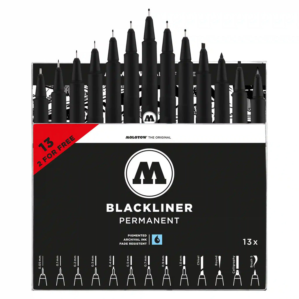 Molotow Blackliner Fineliner Zwart Set Compleet 13 Stuks