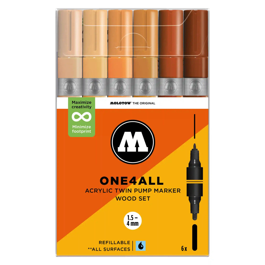 Molotow ONE4ALL TWIN Verfstift Set Hout 6 Stuks - Acrylmarker 1,5 en 4 mm