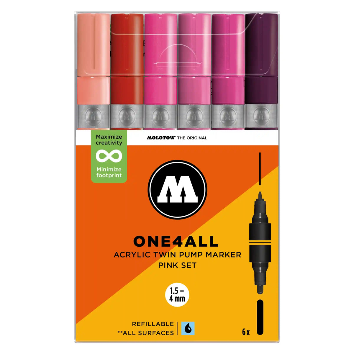 Molotow ONE4ALL TWIN Verfstift Set Roze 6 Stuks - Acrylmarker 1,5 en 4 mm