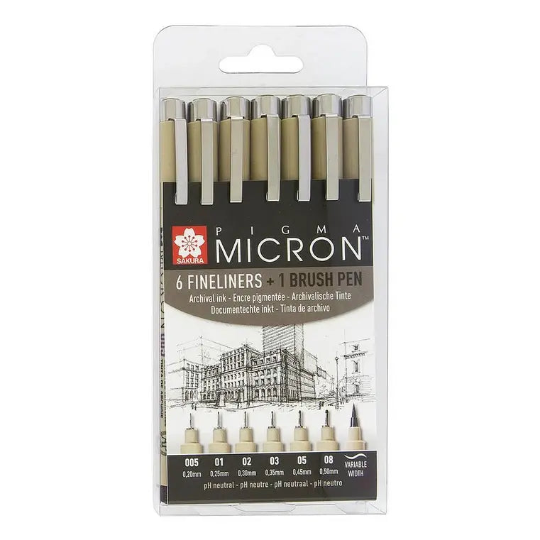 Sakura Pigma Micron Fineliner Set Zwart 6 Stuks + 1 Brush Pen